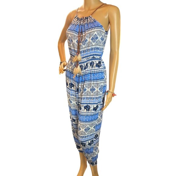 Feather Tassel Boho Elephant Print Halter Jumpsuit in Blue/White Size Small - Picture 2 of 7